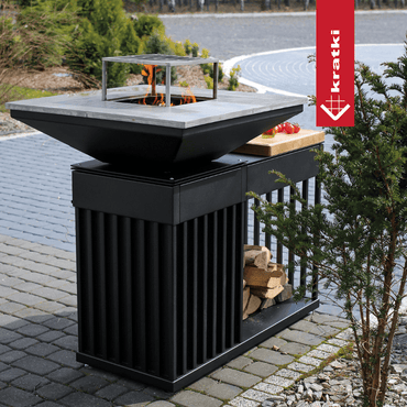 Kratki Kamin QUADRUM mit Grill mit Holzplatte