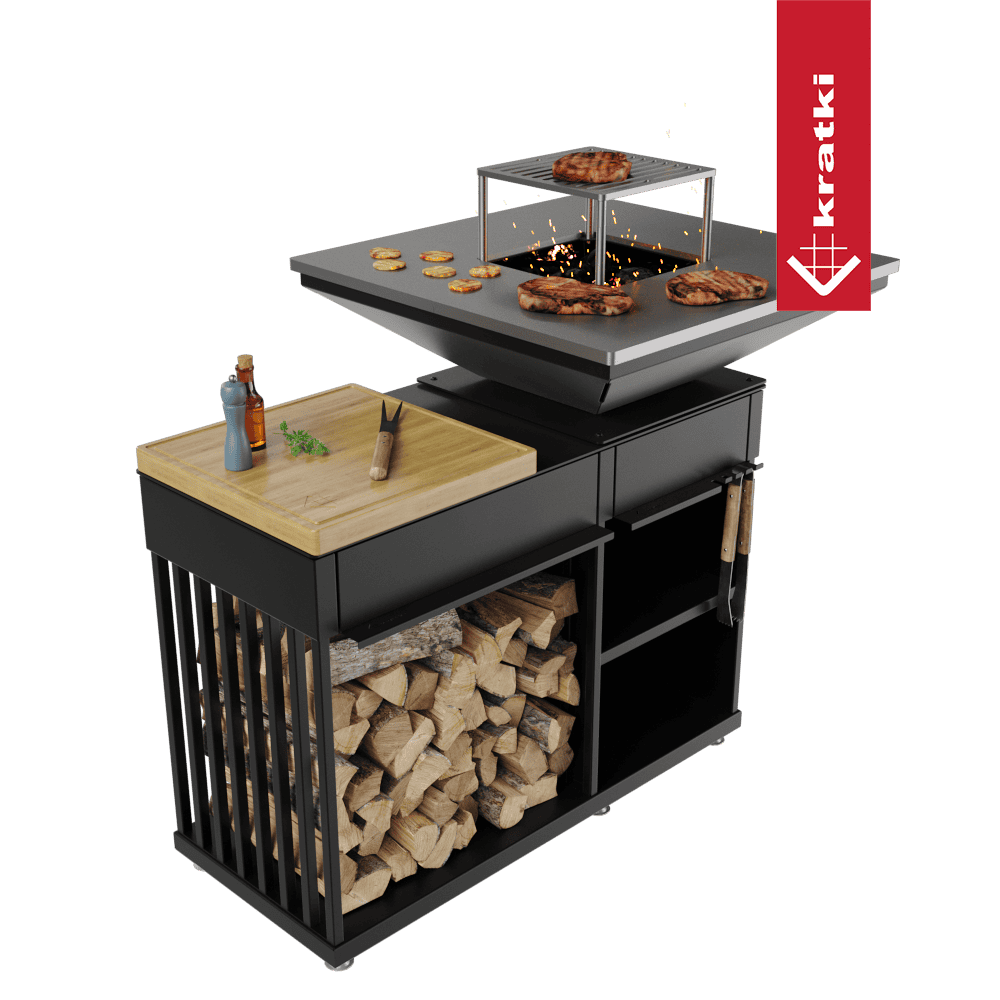 Kratki Kamin QUADRUM mit Grill mit Holzplatte