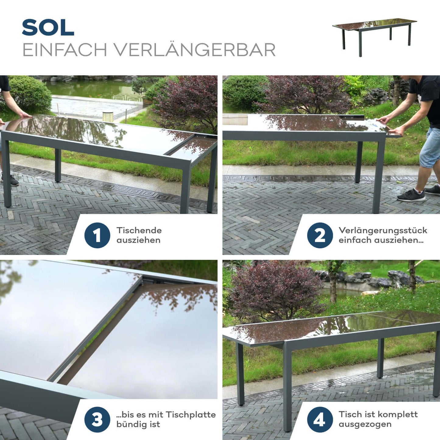Home Deluxe Gartentisch ausziehbar aus Glas SOL - 180/240 x 90 cm