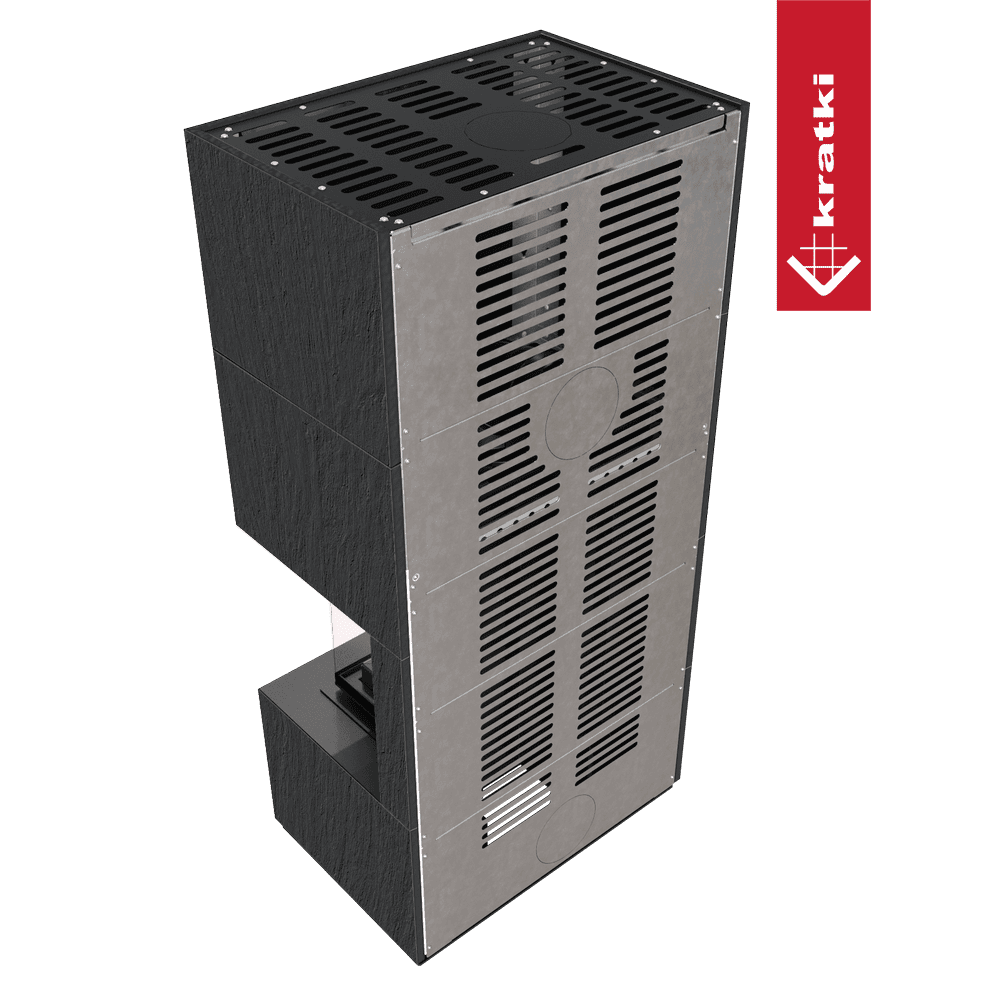 Kratki Kaminbausatz KRATKI FLOKI BOX rechts 8 kW Ø 160 Quarzsinter NATURALI ARDESIA NERO A SPACCO