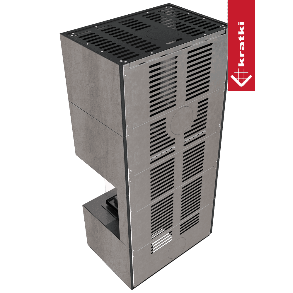 Kratki Kaminbausatz KRATKI FLOKI BOX rechts 8 kW Ø 160 Quarzsinter NATURALI PIETRA DI SAVOIA GRIGIA BOCCIARDATA schwarz Verkleidung