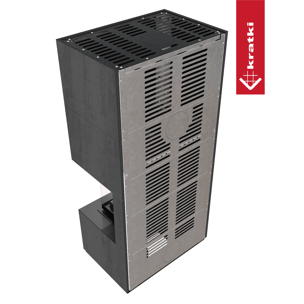 Kratki Kaminbausatz KRATKI FLOKI BOX rechts 8 kW Ø 160 Quarzsinter NATURALI PIETRA DI SAVOIA ANTRANCITE BOCCIARDATA