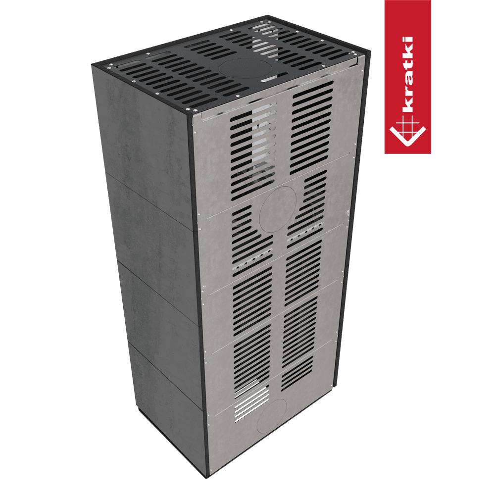Kratki Kaminbausatz KRATKI FLOKI BOX links 8 kW Ø 160 Quarzsinter NATURALI PIETRA DI SAVOIA ANTRANCITE BOCCIARDATA schwarz Verkleidung
