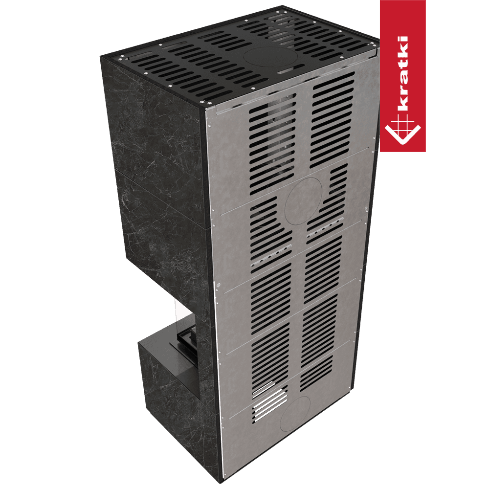 Kratki Kaminbausatz KRATKI FLOKI BOX rechts 8 kW Ø 160 Quarzsinter NATURALI NERO GRECO