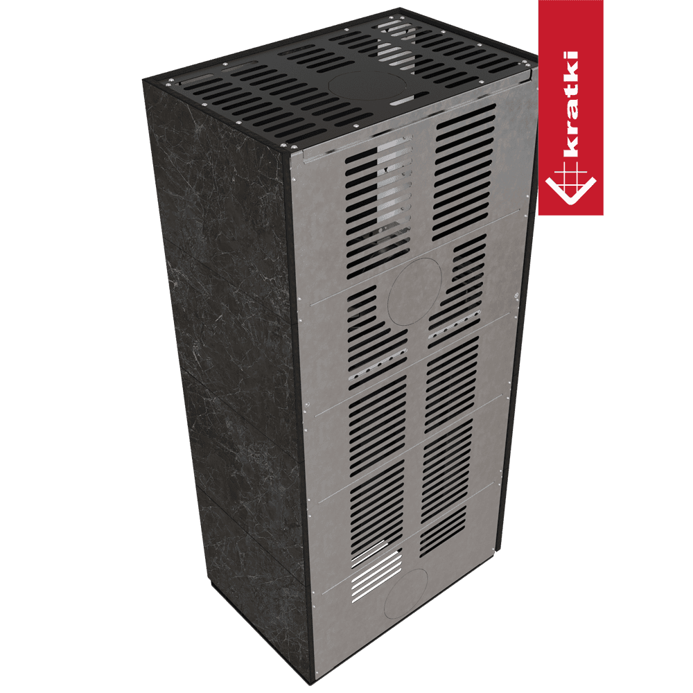 Kratki Kaminbausatz KRATKI FLOKI BOX links 8 kW Ø 160 Quarzsinter NATURALI NERO GRECO schwarz Verkleidung