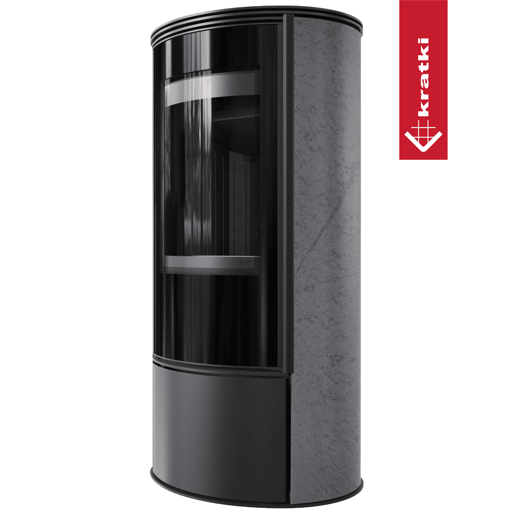 Kratki Kaminofen aus Stahl KRATKI ERIK Ø 150 5,5 kW dekorative Keramiken GRAFITE SATIN schwarz Verkleidung mit Türfeder