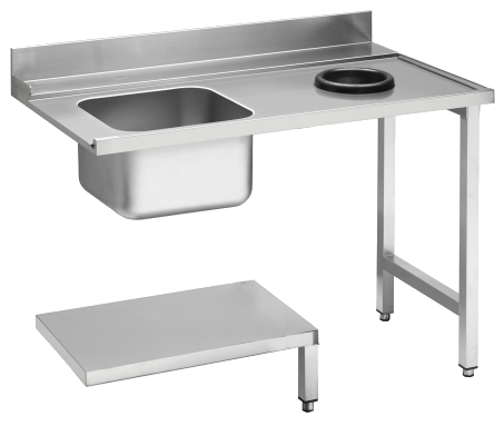 KBS Gastrotechnik Zulauftisch Becken links, mit Abfallloch Breite 120cm und Grundboden