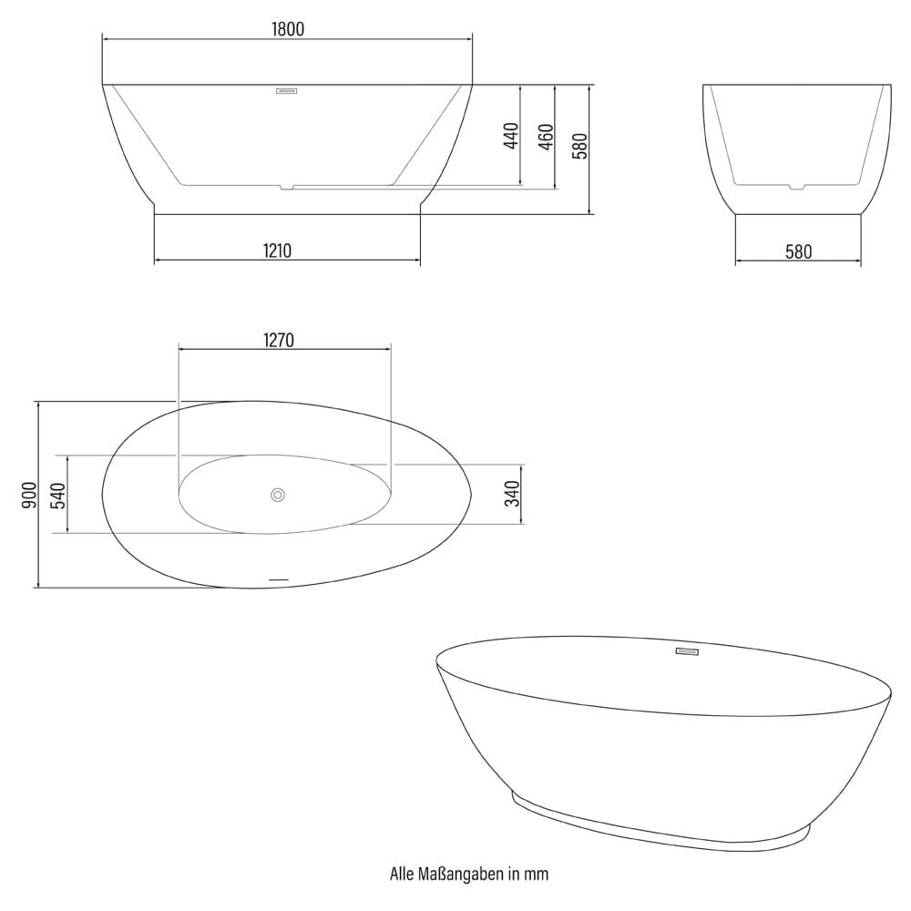 Home Deluxe Freistehende Badewanne DELIA - 180 x 90 cm