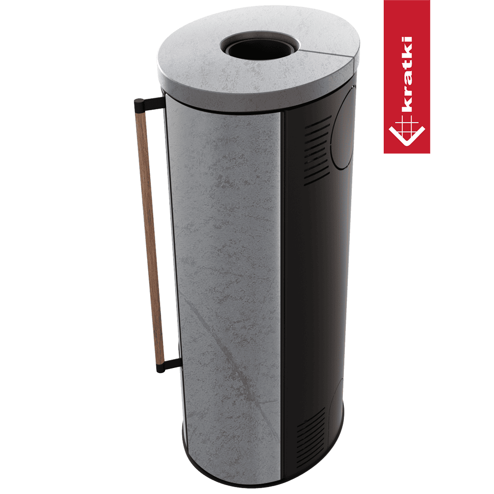 Kratki Piec stalowy ERIK Ø 150 5,5 kW ozdobna ceramika akumulacyjna GRAY SATIN pokrywa ceramiczna; czarny termotec; klamka z drewna egzotycznego Jatoba