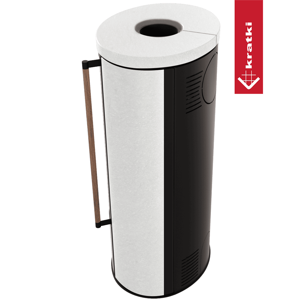 Kratki Piec stalowy ERIK Ø 150 5,5 kW ozdobna ceramika akumulacyjna WHITE SATIN pokrywa ceramiczna; klamka z drewna egzotycznego Jatoba