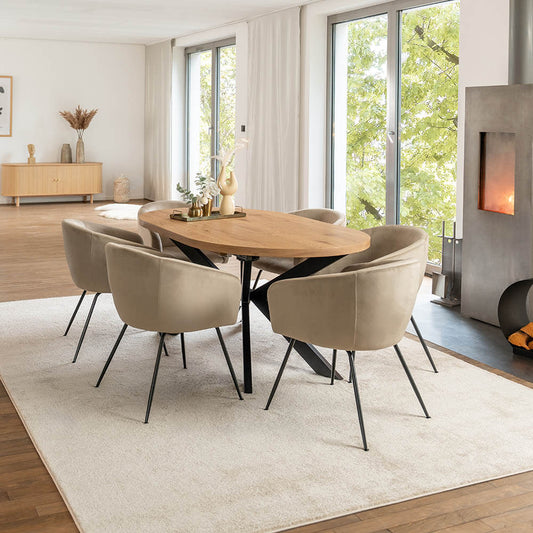 Home Deluxe Essgruppe Oval Ausziehbar inkl. Sternfuß - 160 x 100 cm Light Oak 6 Stühle Beige