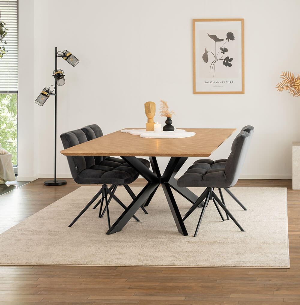 Home Deluxe Essgruppe Eckig AVENCIA inkl. Sternfuß - 200 x 120 cm Fishbone Oak 4 Stühle Hellgrau