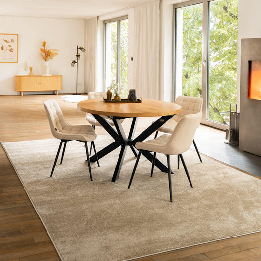 Home Deluxe Essgruppe Rund Ausziehbar AVENTURA inkl. Sternfuß - 120-160 x 120 cm Light Oak 4 Stühle Creme