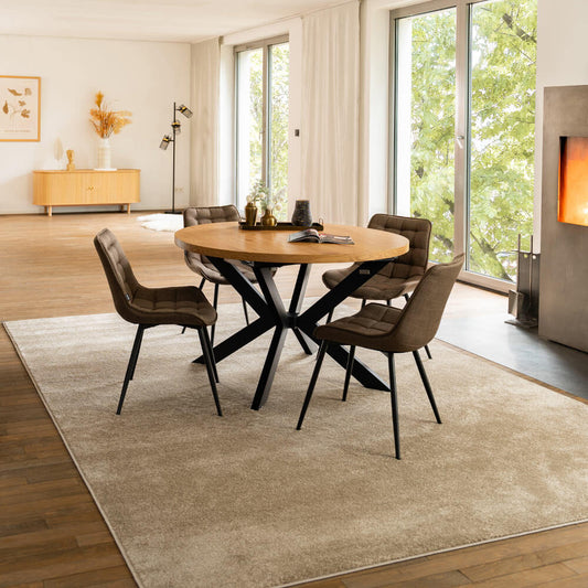 Home Deluxe Essgruppe Rund Ausziehbar AVENTURA inkl. Sternfuß - 120-160 x 120 cm Light Oak 4 Stühle Grau