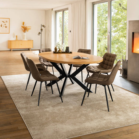 Home Deluxe Essgruppe Rund Ausziehbar AVENTURA inkl. Sternfuß - 120-160 x 120 cm Light Oak 6 Stühle Grau