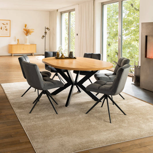Home Deluxe Essgruppe Rund Ausziehbar AVENTURA inkl. Sternfuß - 120-160 x 120 cm Light Oak 6 Stühle