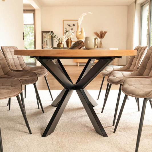 Home Deluxe Essgruppe Rund Ausziehbar AVENTURA inkl. Sternfuß - 120-160 x 120 cm Light Oak 6 Stühle Grau