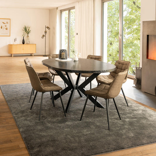 Home Deluxe Essgruppe Rund Ausziehbar AVENTURA inkl. Sternfuß - 120-160 x 120 cm Dark Oak 6 Stühle Grau