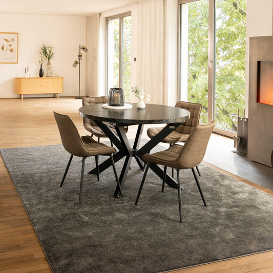 Home Deluxe Essgruppe Rund Ausziehbar AVENTURA inkl. Sternfuß - 120-160 x 120 cm Dark Oak 4 Stühle Grau