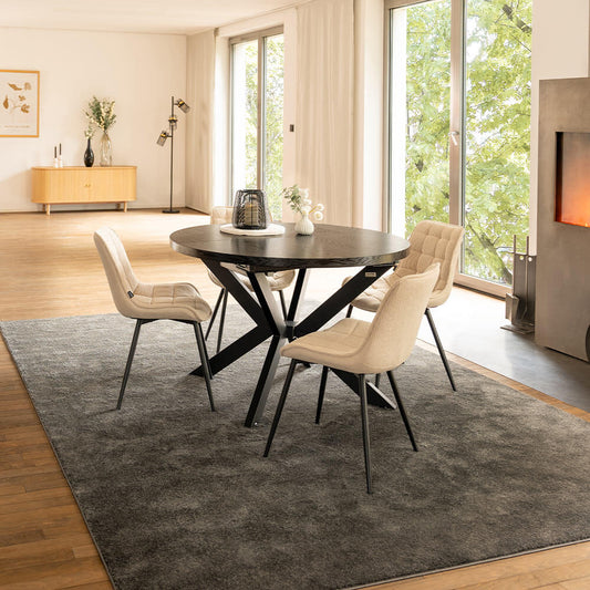 Home Deluxe Essgruppe Rund Ausziehbar AVENTURA inkl. Sternfuß - 120-160 x 120 cm Dark Oak 4 Stühle Creme