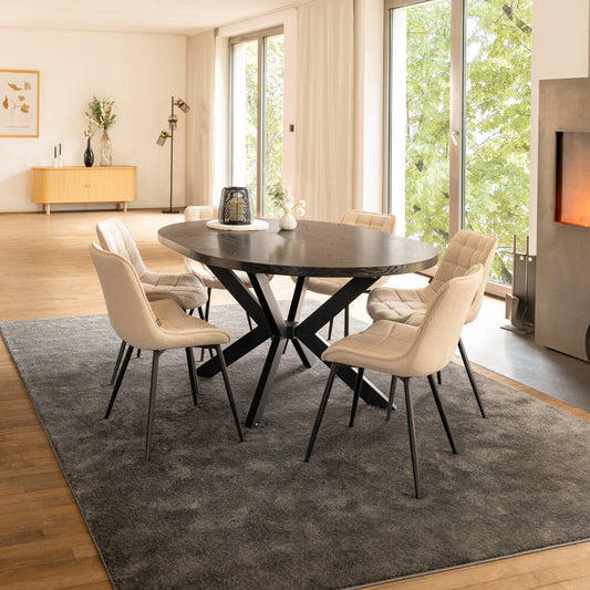 Home Deluxe Essgruppe Rund Ausziehbar AVENTURA inkl. Sternfuß - 120-160 x 120 cm Dark Oak 6 Stühle Creme