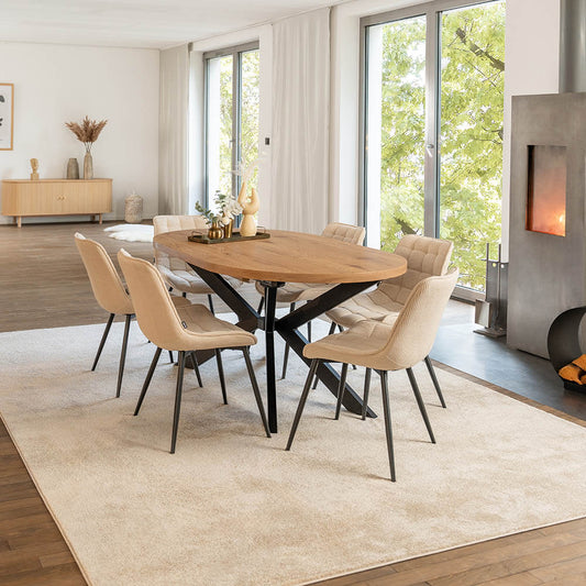 Home Deluxe Essgruppe Oval Ausziehbar inkl. Sternfuß - 160 x 100 cm Light Oak 6 Stühle Creme