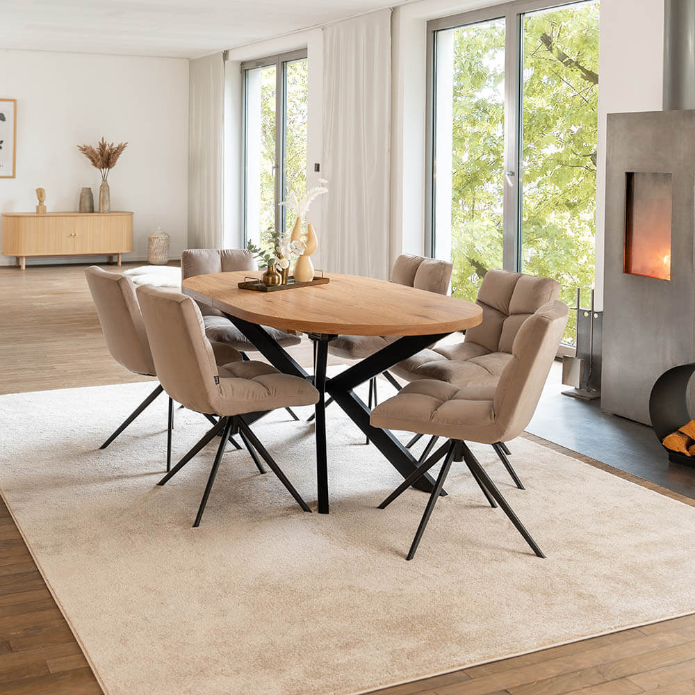 Home Deluxe Essgruppe Oval Ausziehbar inkl. Sternfuß - 160 x 100 cm Light Oak 6 Stühle Hellbraun
