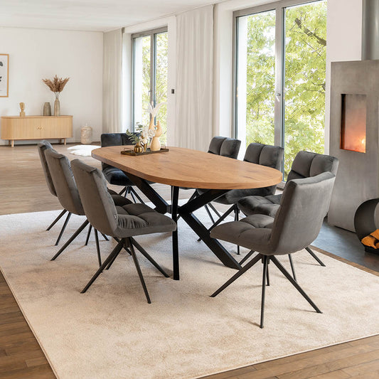 Home Deluxe Essgruppe Oval Ausziehbar inkl. Sternfuß - 160 x 100 cm Light Oak 8 Stühle Hellgrau