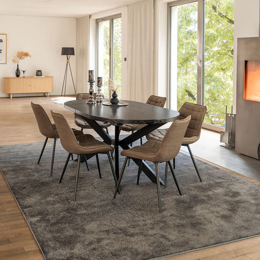 Home Deluxe Essgruppe Oval Ausziehbar inkl. Sternfuß - 160 x 100 cm Dark Oak 6 Stühle Grau / Braun