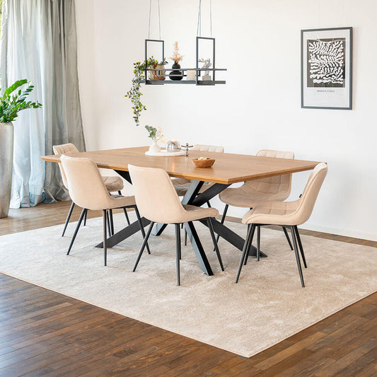 Home Deluxe Essgruppe Eckig AVENCIA inkl. Sternfuß - 200 x 120 cm Light Oak 6 Stühle Creme