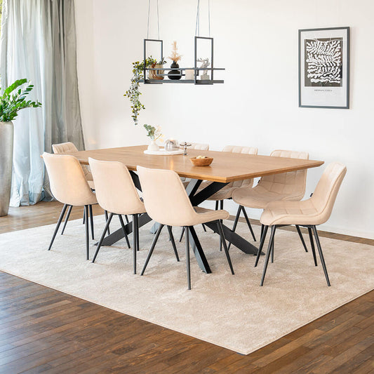 Home Deluxe Essgruppe Eckig AVENCIA inkl. Sternfuß - 200 x 120 cm Light Oak 8 Stühle Creme