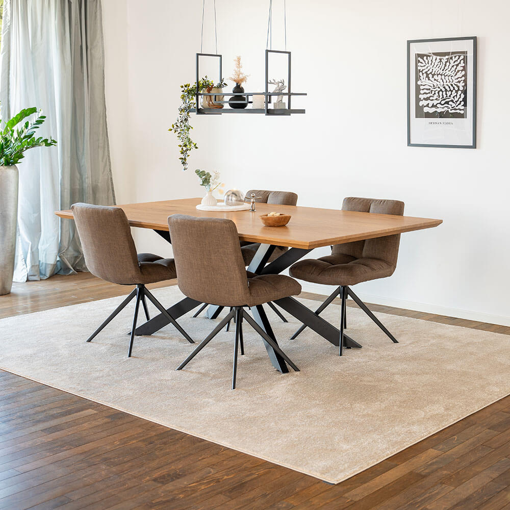 Home Deluxe Essgruppe Eckig AVENCIA inkl. Sternfuß - 200 x 120 cm Light Oak 4 Stühle Grau