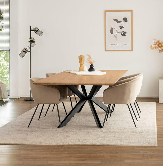 Home Deluxe Essgruppe Eckig AVENCIA inkl. Sternfuß - 200 x 120 cm Fishbone Oak 4 Stühle Beige