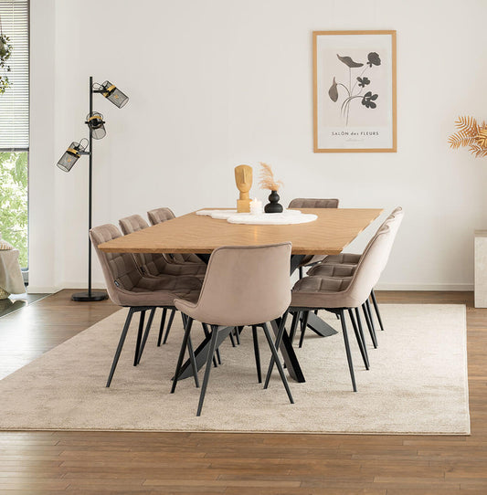 Home Deluxe Essgruppe Eckig AVENCIA inkl. Sternfuß - 200 x 120 cm Fishbone Oak 8 Stühle Hellbraun