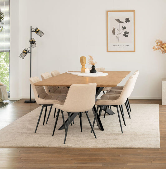 Home Deluxe Essgruppe Eckig AVENCIA inkl. Sternfuß - 200 x 120 cm Fishbone Oak 8 Stühle Creme