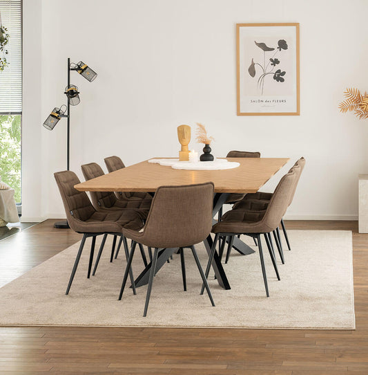 Home Deluxe Essgruppe Eckig AVENCIA inkl. Sternfuß - 200 x 120 cm Fishbone Oak 8 Stühle Grau