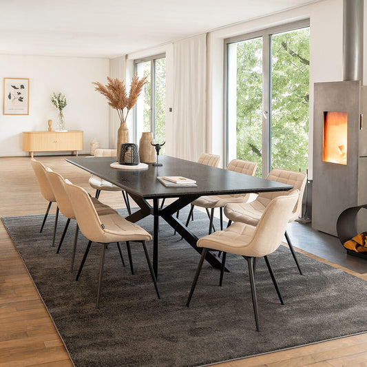 Home Deluxe Essgruppe Eckig AVENCIA inkl. Sternfuß - 200 x 120 cm Dark Oak 8 Stühle Creme