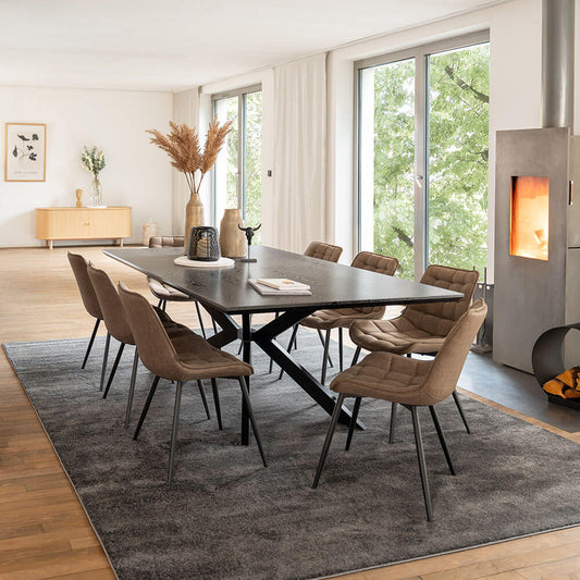 Home Deluxe Essgruppe Eckig AVENCIA inkl. Sternfuß - 200 x 120 cm Dark Oak 8 Stühle Grau