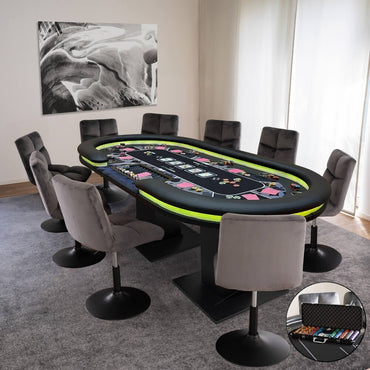 Home Deluxe LED Pokertisch inkl. Pokerkoffer und 10 Stühle STRAIGHT FLUSH - Für 9 Personen