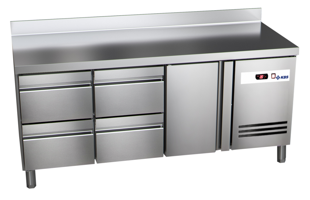 KBS Gastrotechnik Kühltisch Ready KT3004 mit Arbeitsplatte, Aufkantung 1 Tür 4 halbe Schubladen