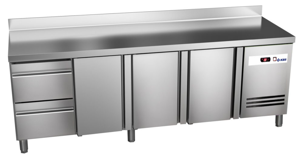 KBS Gastrotechnik Kühltisch Ready KT4002 mit Arbeitsplatte, Aufkantung 3 Türen 2 halbe Schublade