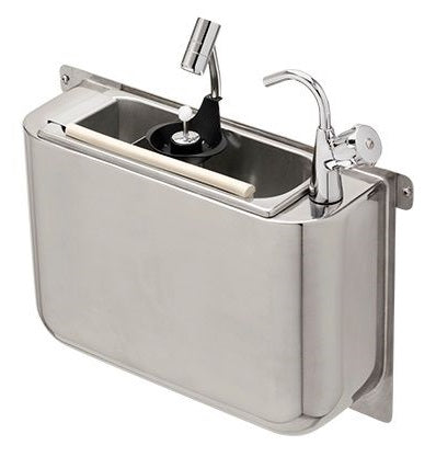 CombiSteel SPÜLBECKE FÜR EISLÖFFEL MIT WASSERHAHN UND EISLÖFFELDUSCHE 410X120X270 MIT WASSERABLAUFLOCH, WASSERANSCHLUSS UND ÜBERLAUFROHR