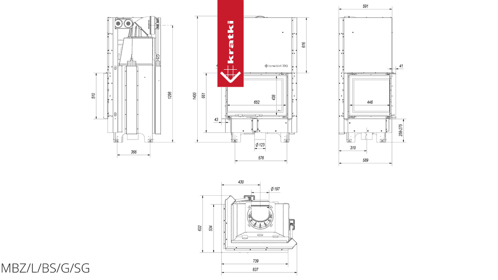 Kratki Kamineinsatz aus Stahl KRATKI MBZ links 13 kW Ø 200 mit Schiebetür gebogenes Glas Schwarze Thermotec-Auskleidung
