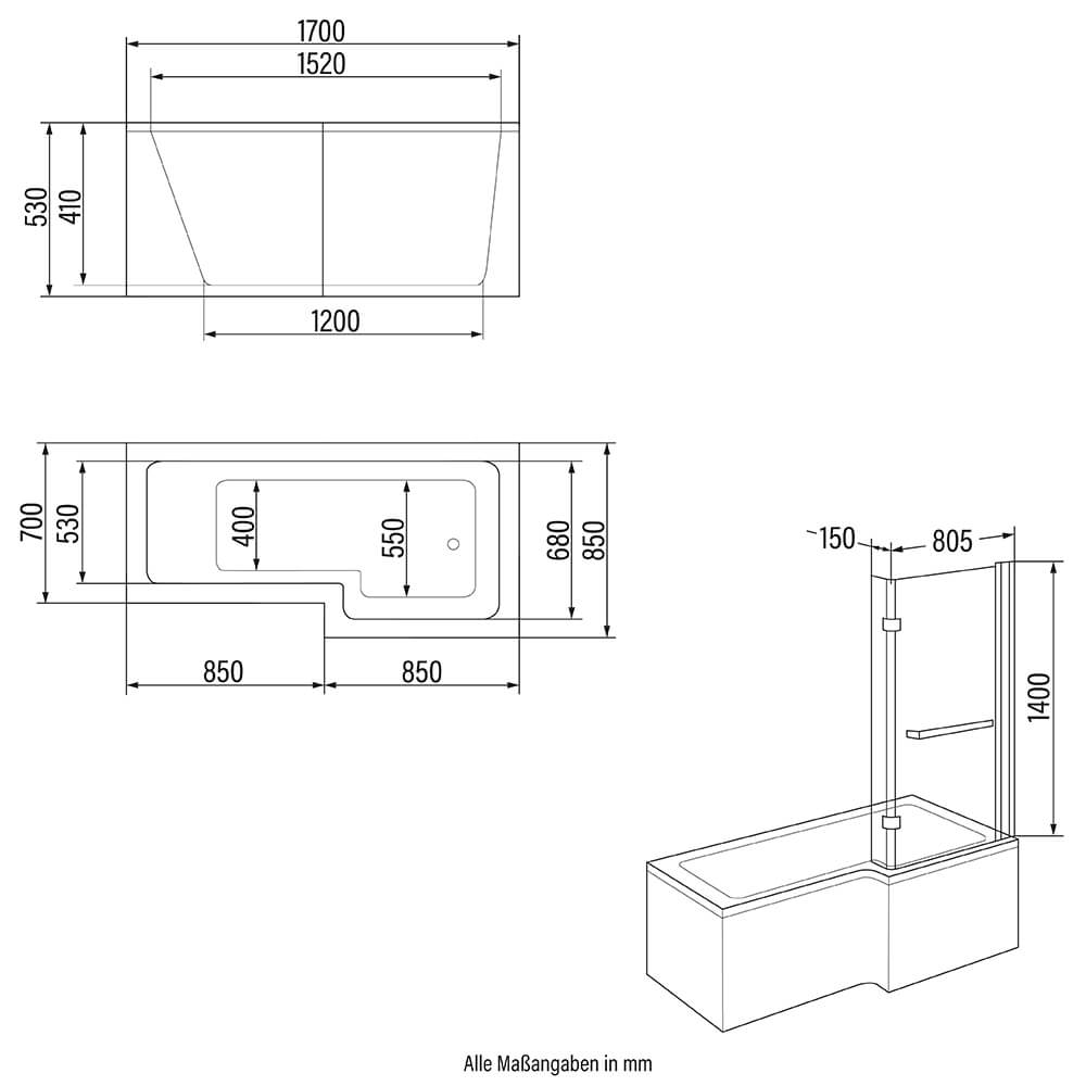Home Deluxe Duschbadewanne ELARA - 170 x 85 cm Links