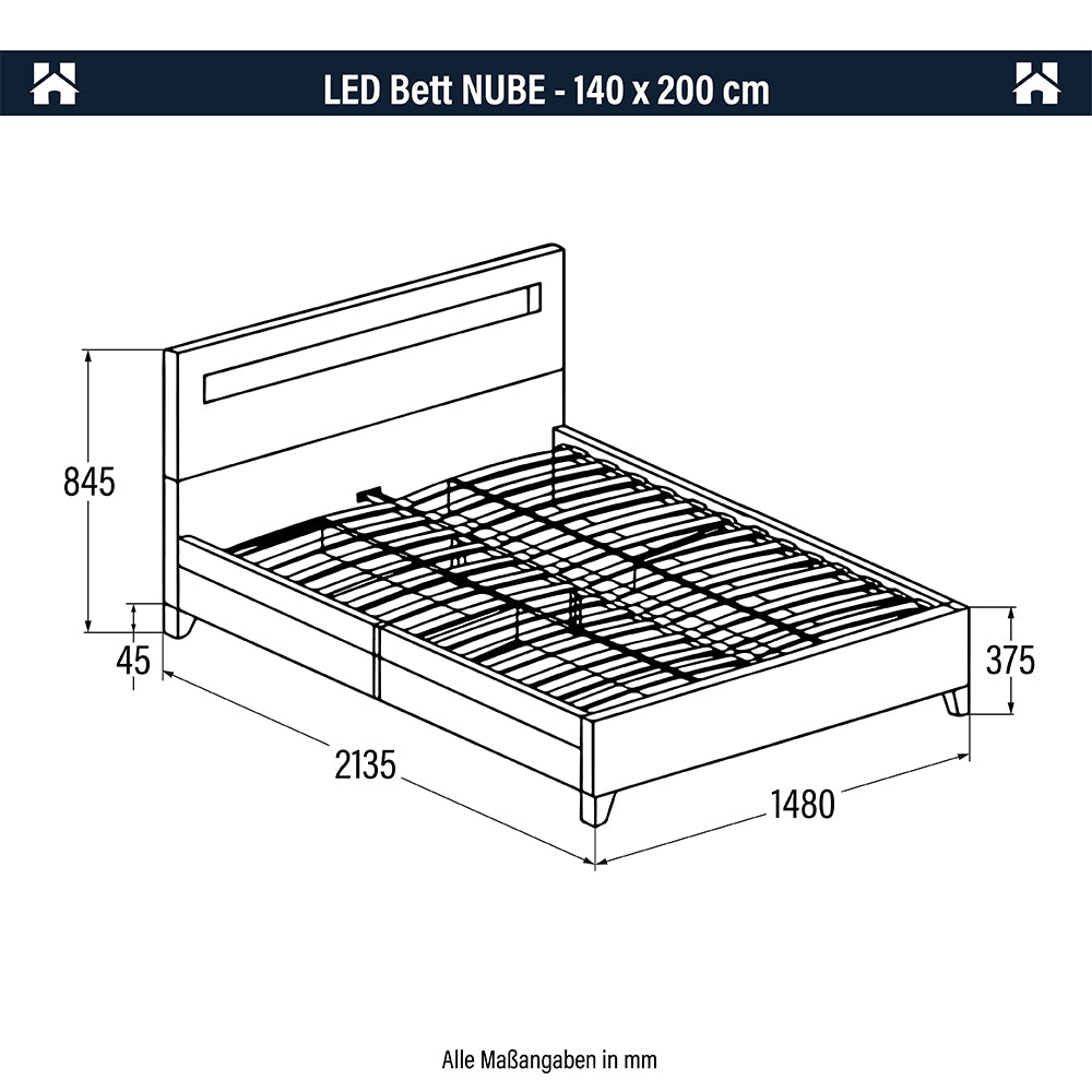 Home Deluxe LED Bett mit Schubladen und Matratze NUBE - 180 x 200 cm Dunkelgrau