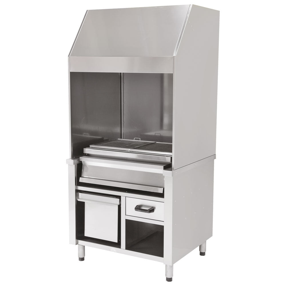Virtus Holzkohlegrill auf Unterschrank mit Ascheschublade und Abzugshaube, 1 Grillzone gesamt 800x600 mm