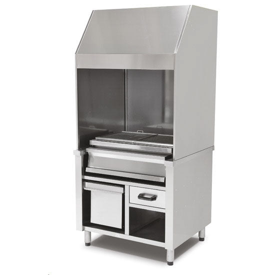 Virtus Holzkohlegrill auf Unterschrank mit Ascheschublade und Abzugshaube, 3 Grillzonen gesamt 1600x600 mm