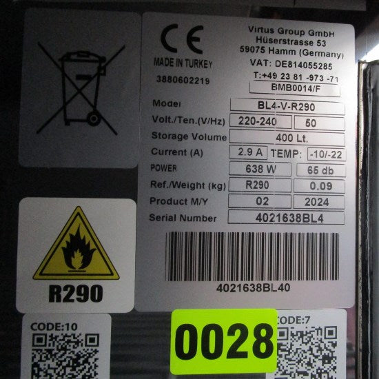 Virtus Tiefkühlschrank 400 Liter aus Edelstahl, 460x485 mm, -10°/-18°C - BESCHÄDIGT