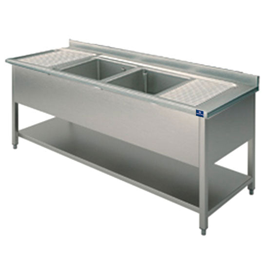 Virtus Spültisch, 2 Becken, 2 Tropftassen, auf Beinen, mit Zwischenboden, 2000x700 mm