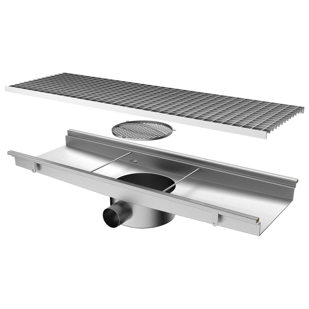 Virtus Bodenablaufrinne mit horizontalem Auslauf ø 63 mm und rundem Sieb, 800x300x150 mm